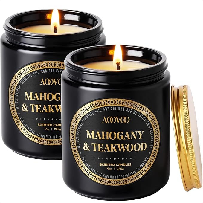 AOOVOO Scented Candles Set for Men - 2 Pack Mahogany & Teakwood Candles for Home Scented | Soy Candles | Strong Fragranced Masculine Black Candle Gift for Women & Men, 18oz