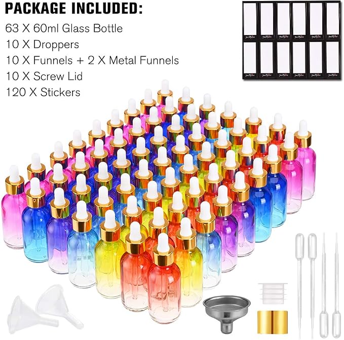 PrettyCare Glass Eye Dropper Bottles 2oz (60ml), 63 Pack Rainbow Empty Thick Bottles Bulk with Leakproof Golden Caps - With Labels & Funnels for for Storage, Travel,Essential Oils, DIY Serums, Tinctur