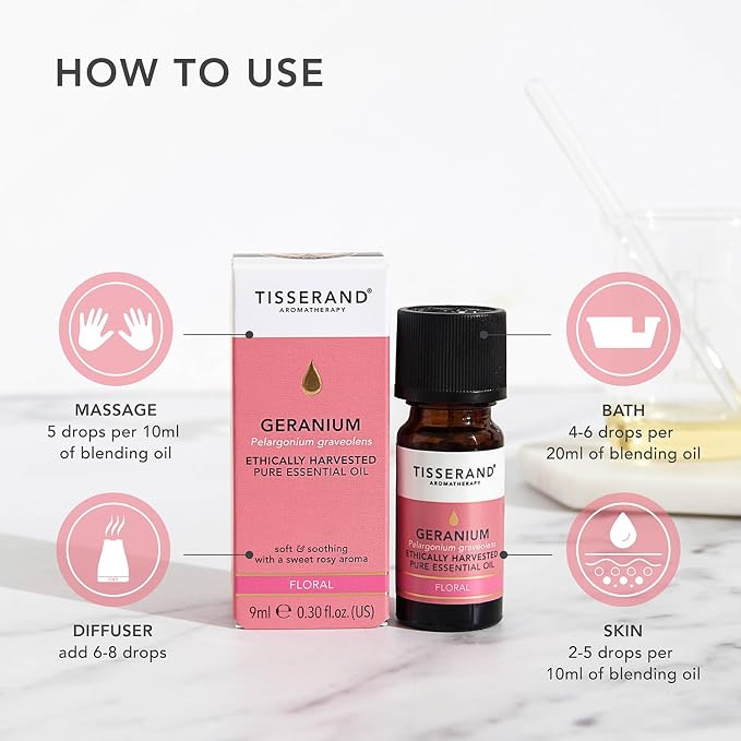 Tisserand Ethically Harvested Pure Essential Oil - 100 Percent Pelargonium Graveolens - Mood Balancer, Ideal for Dry and Oily Skin - Geranium - 0.3 oz