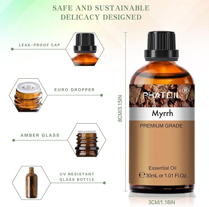 Myrrh Essential Oil, 1.01Fl.Oz (30ML) PHATOIL Pure Essential Oil Singles for Aromatherapy Diffusers, Humidifiers, Great for DIY Candle and Soap Making, Gift for Friend