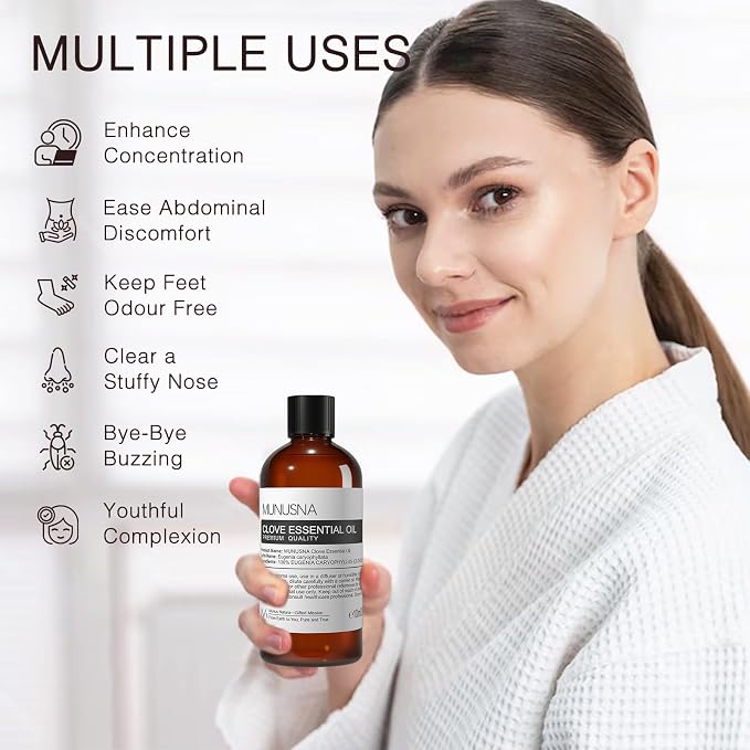 Clove Essential Oil, 100% Pure Natural Clove Oil for Oral Care, Teeth & Gums Care, Aromatherapy, Diffuser, Skin, Body, Soap and Candle Making, 100ML