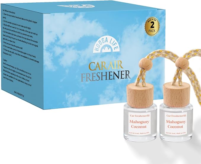 HoogaLife Car Air Freshener Diffuser 2 Pack Hanging Mahogany Coconut Car Air Freshener for Women 45+ Days Long Lasting Fragrance Made in USA (M32)