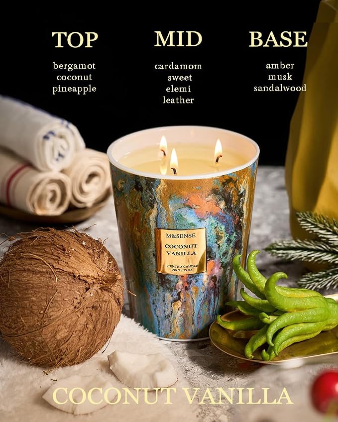 M&SENSE Large 3-Wick Coconut Vanilla Scented Soy Candle | 35oz, 150 Hours, Non-Toxic, Summer Party Essential, Spa Home Fragrance & Decor