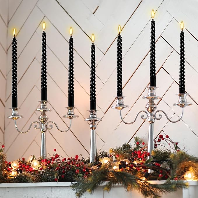 WPONSZU 10 Inch Black Spiral Taper Candle Set, 12 Pack Unscented Dripless Candlesticks for Halloween,Dinner,Party Brithday Wedding and Home Decoration