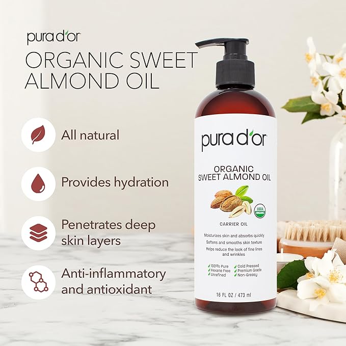 PURA D'OR 16 Oz ORGANIC Sweet Almond Oil-100% Pure&Natural USDA Certified Cold Pressed Carrier Oil For DIY Beauty-Non-Greasy,Unscented,Hexane Free Moisturizer-Massage-Oil For Hair&Skin,(Pack of 2)