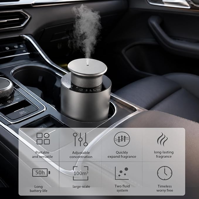 Waterless Essential Oil Diffuser for Car & Home,Rechargeable Hotel Scent Diffusers with 4 Mist Levels & Timers,Car Diffuser,Portable Aromatherapy Diffuser for Home Room Studio Office,Silver Metallic