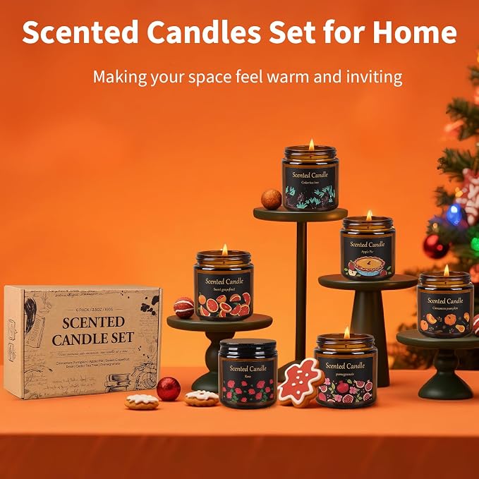 6 Pack Candles for Home Scented, Aromatherapy Candles for Women Men, 21oz Natural Soy Wax Scented Candle Set, Amber Jar Candle Gifts Set for Birthday, Christmas, Valentines Day