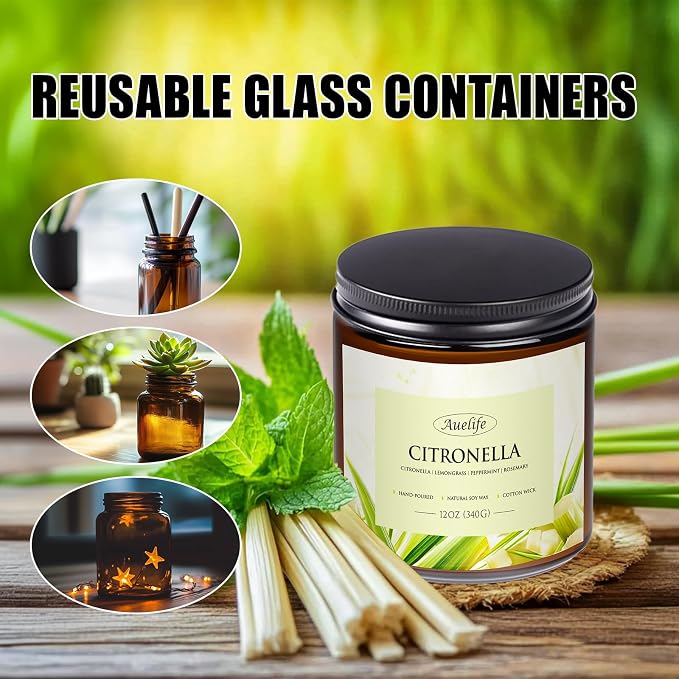 Auelife Scented Candles, 12oz Large 3-Wick Candle for Home Patio Camping & Garden, Natural Soy Wax Citronella Candle for Summer Gift, Long Lasting for Indoor Home Scented, 50+ Hour Burn