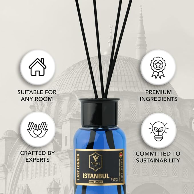 Reed Diffuser Set with Sticks for Home – Bathroom, Bedroom & Office Aromatherapy – Long Lasting Scented Oil Diffuser with Sticks – Luxury Room Fragrance Diffuser 55ml,1.7 fl oz (Istanbul)