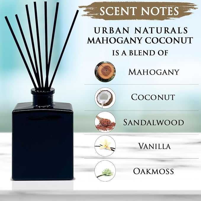 Urban Naturals Mahogany Coconut Reed Diffuser Oil Set – Mahogany, Coconut, Sandalwood, Vanilla & Oakmoss – 5 Ounce Sleek Black Rectangular Refillable Glass Bottle – Made in the USA