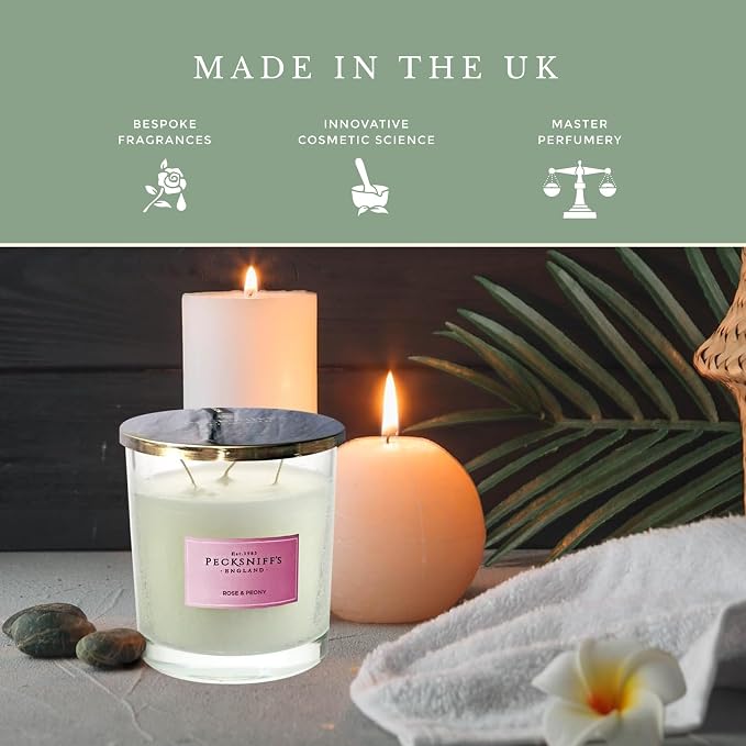 Pecksniffs White Scented Candle | Rose & Peony Fragrance Candles for Home Scented | Elegant Glass Vessel with Metal Lid | 3 Wicks Luxury Candles, 550g/19.4oz