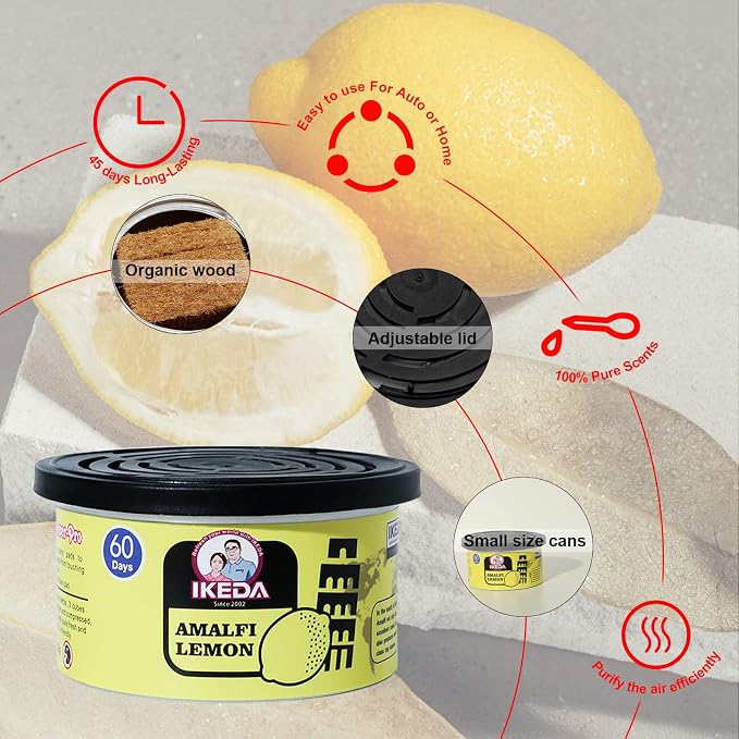 Car Air Freshener: Amalfi lemon Scent | Organic Cans | Odor Eliminator Essential | Long-Lasting | Strong Fragrance | For Home Closet | 1.5 Oz | Pack of 4