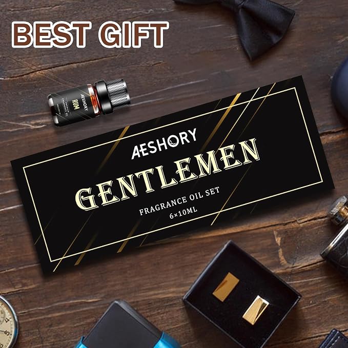 Gentlemen's Essential Oils Set - 6x10ML Mens Fragrance Oil for Candle Making, Diffuser - Sandalwood, Cedar, Leather, Sweet Tobacco, Bay Rum, Cologne Aromatherapy Oils for Men