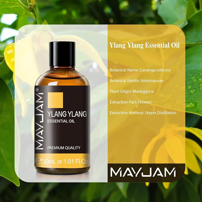 MAYJAM Ylang Ylang Essential Oil with Glass Dropper, MAYJAM 1.01fl.oz Ylang Ylang Oil Essential Oils for Diffusers, Humidifier, Yoga, Soap Candle Making