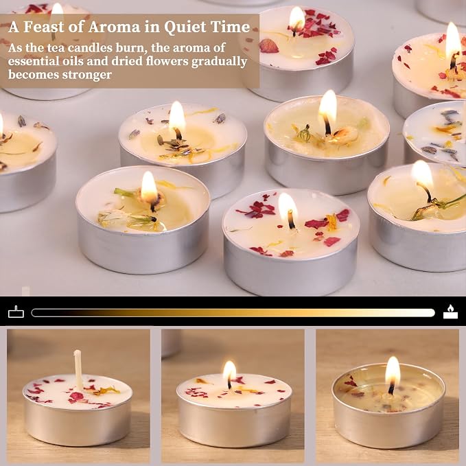 Rose Scented Tealight Candles 64 Pack - 4-Hour Palm Wax White Tea Lights, Plant Dried Flower Tea Lights Candle (Paraffin-Free), Scented Votive Candles for Home/Yoga/Bath/Meditation