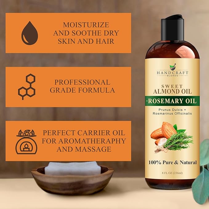 Handcraft Blends Sweet Almond Oil | 100% Pure and Natural | Bath & Body Oil | Premium Grade Carrier Oil | Skin | Hair | Body | Massage | Hexane-Free | with Rosemary Oil | 8 Fl Oz