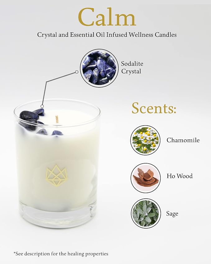 Luxury Glass Jar Candle, 14.5 OZ, Calm - Sodalite Healing Crystal Infused - Scents of Chamomile, Howood, & Sage - Destress, Insight, Serenity, & Peace - Coconut Wax, Essential Oils
