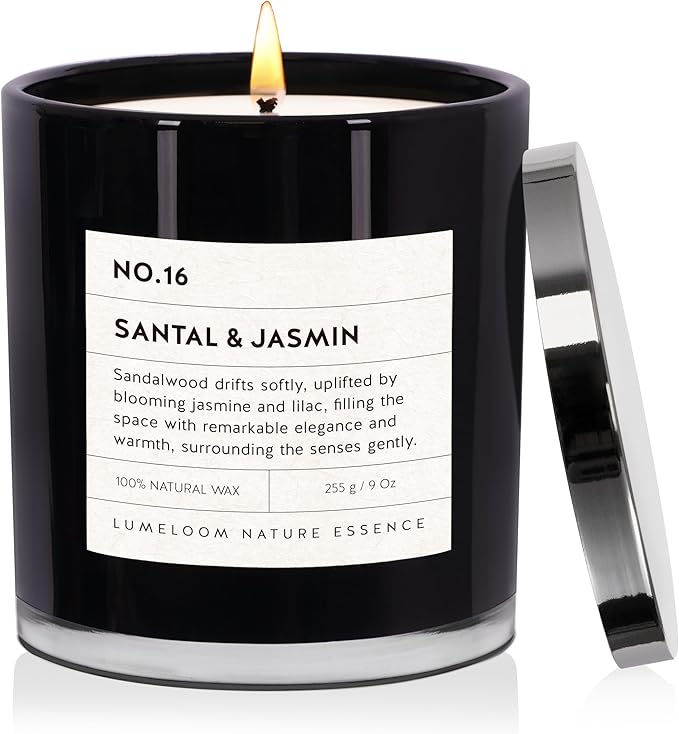 Santal & Jasmine Luxury Scented Candles, 9oz Soy Wax Candles for Home Scented, Jasmine, Sandalwood, Lilac Scent, Long Burning Time, Gifts for Women, Friends, Men, Sister, Teacher, Housewarming