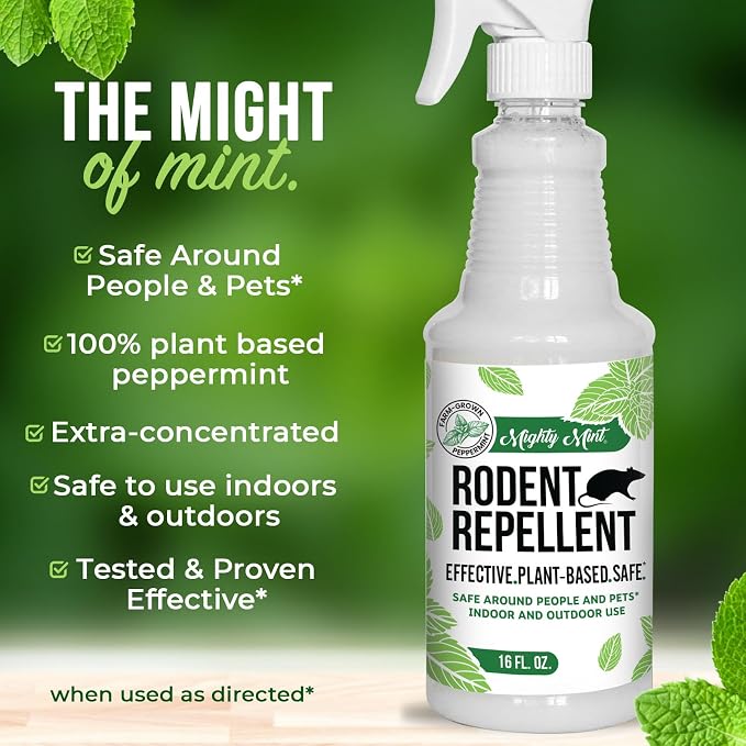 Mighty Mint Peppermint Oil Rodent Repellent Spray – Natural Indoor & Outdoor Control for Mice and Rats – Plant-Based, Extra-Strong Formula - 16 oz