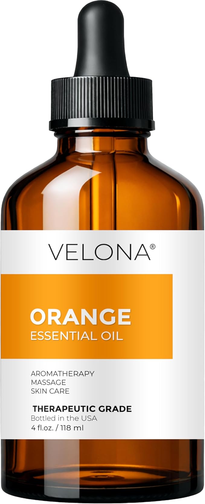 Orange Essential Oil by Velona - 4 Fl Oz | Therapeutic Grade | for Aromatherapy Diffuser, Massage, Skincare, Haircare, Soapmaking | Undiluted