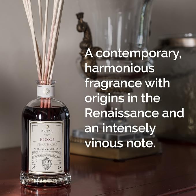 Logevy Firenze 1965 Rosso Perverso – Perverse Red Luxury Home Fragrance Diffuser from Master Perfumer in Italy with Floral & Fruity Notes in Elegant Glass Bottle with 10 Natural Bamboo Reeds – 250ml