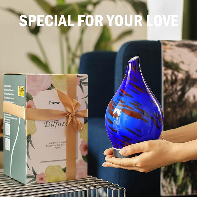 Porseme 150ml Essential Oil Diffuser Hand-Blown Glass Aroma Diffusor, Aromatherapy Unltrasonic Cool Mist deffuser, 7 Color Changing, Waterless Shut-Off, Timer Function for Home Office(Cobalt Blue)