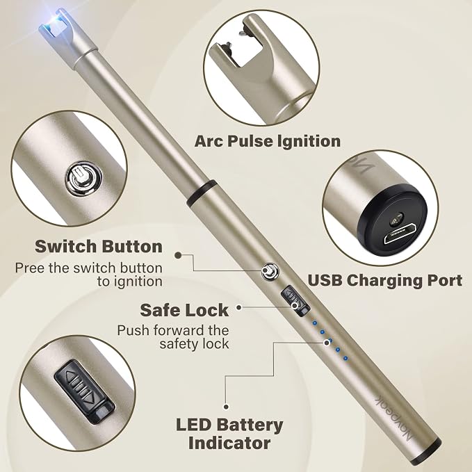 Electric Candle Lighter Windproof USB Rechargeable Flameless Long Neck Lighter for Candles Gas Stove Fireplace BBQ Kitchen Grills (Champagne Gold)
