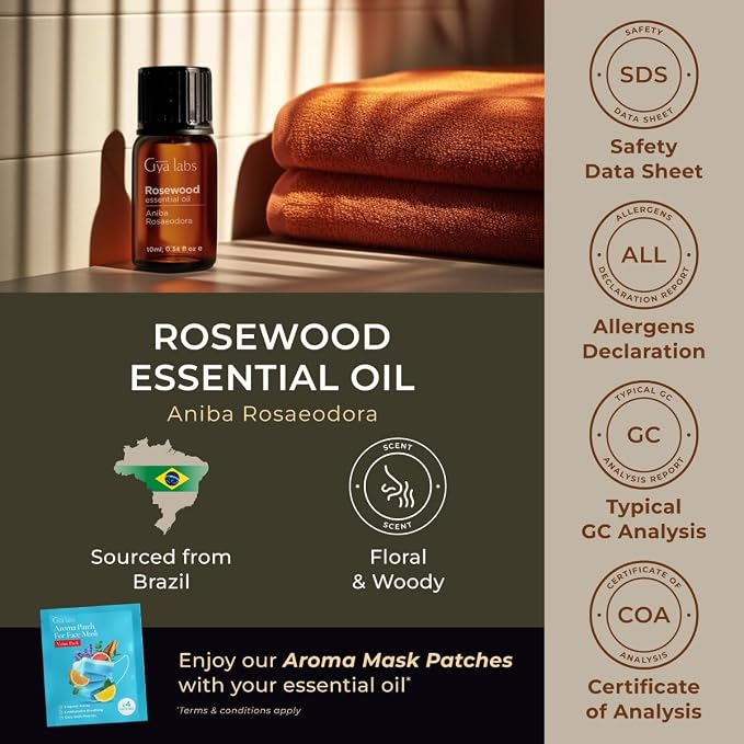 100% Pure Rosewood Essential Oil - 0.34 Fl Oz - Rosewood Oil for Hair, Skin, Diffuser, Aromatherapy & DIY Candle Making Scent
