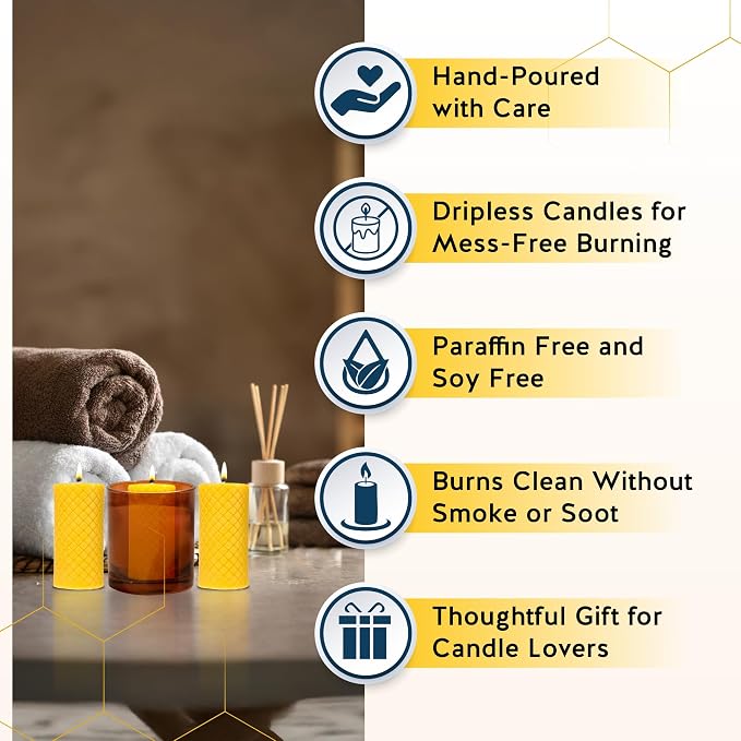 Alternative Imagination Diamond Beeswax Pillar Candles – 3 Pack of 2x4 Inch Unscented Candles - Hand-Poured - 100% Pure Beeswax - Natural Honey Aroma - Dripless Long-Burn - Altar & Decor Use