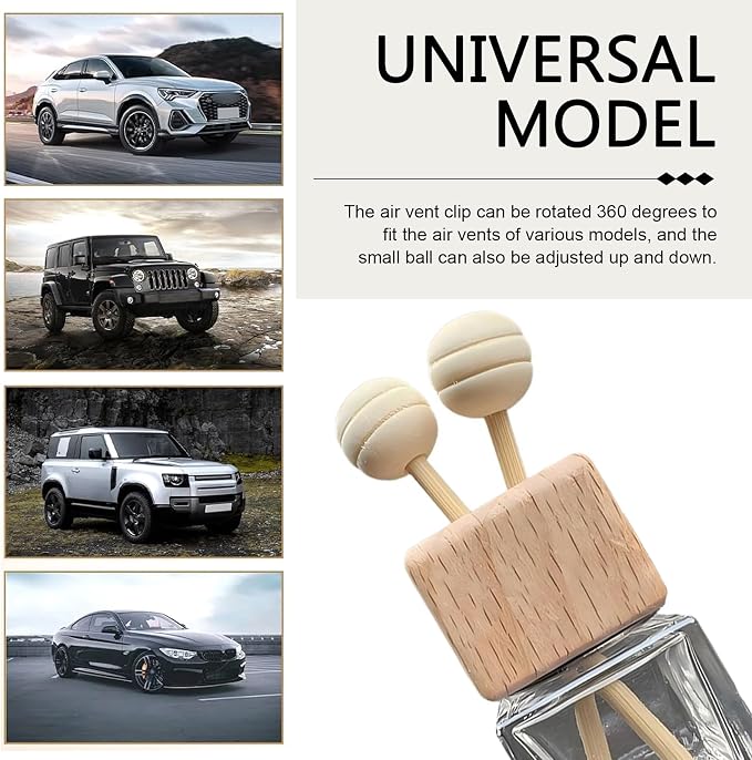 2PCS Car Air Diffuser Bottle Vent Clips, Refillable Empty Auto Essential Oil Glass Diffuser Bottle, Air Outlet Clip with Wooden Cap and Stick, Universal Car Interior Decor for Most Vehicles