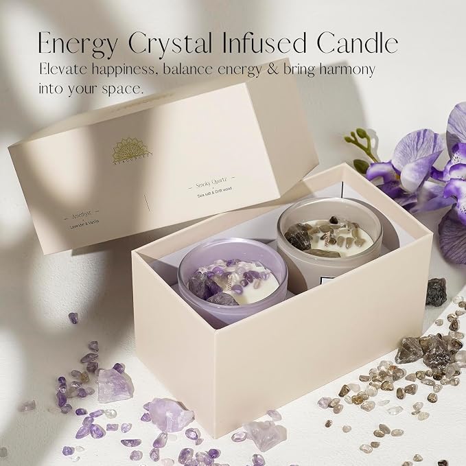 AvaConcept Healing Crystal Candle Gift Set – Amethyst & Smoky Quartz | Hand-Poured Soy Wax Candles Lavender Vanilla & Sea Salt Driftwood Aromatherapy Natural Crystals Infused Set of 2/5.3oz Each
