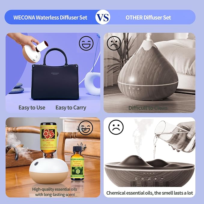 Rechargeable Waterless Oil Diffuser - 2 Mist Modes Essential Oil Diffusers with 6 Essential Oils(10ml) for Home,Car,Office - Scent Diffuser Starter Kit
