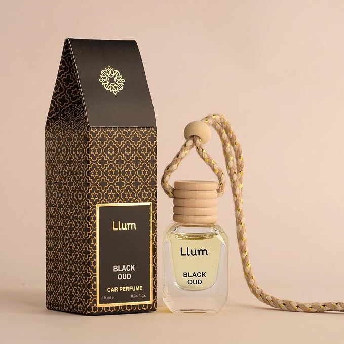 Llum Black Oud Hanging Car Air Freshener – Luxury Automotive Perfume Diffuser 10ml (0.34 fl oz), Long-Lasting Fragrance, Alcohol-Free Non-Toxic Car Scent, Glass Bottle With Wood Cap