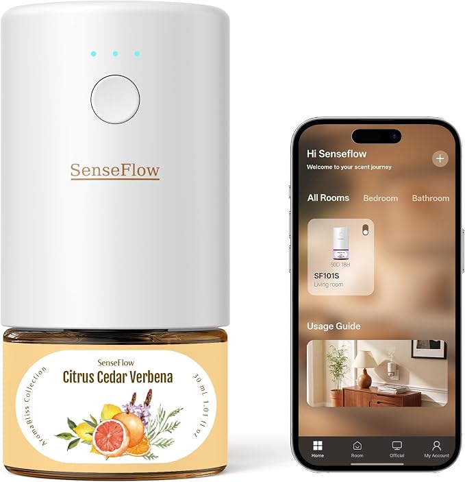 SF101S Pro Smart Plug in Air Freshener for Home, Waterless Essential Oil Diffuser, Aromatherapy Home Diffuser, 120-Day Natural Aroma Mist – Free 30ml Citrus Cedar Verbena (Warm Orange)
