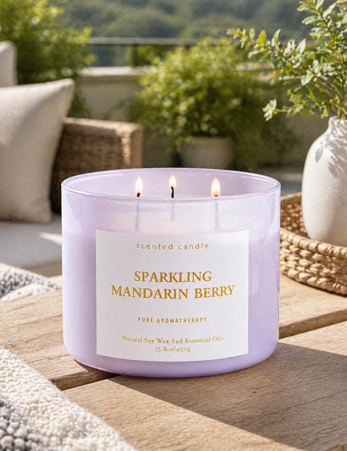 Sparkling Mandarin Berry 3-Wick Soy Summer Scented Candle for Home, 15.8oz | Grapefruit, Peach, Raspberry & Strawberry Notes, Fresh Citrus, Clean Burn, Bright Uplifting Scent, Gift for Women & Men
