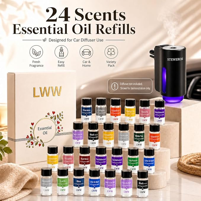 Car Air Freshener Diffuser Refills, 24 PCS 10ml Essential Oils Mixed Fragrance Set, Long Lasting Car Fragrance Oil Replacement for Car Diffusers, No Diffuser Included