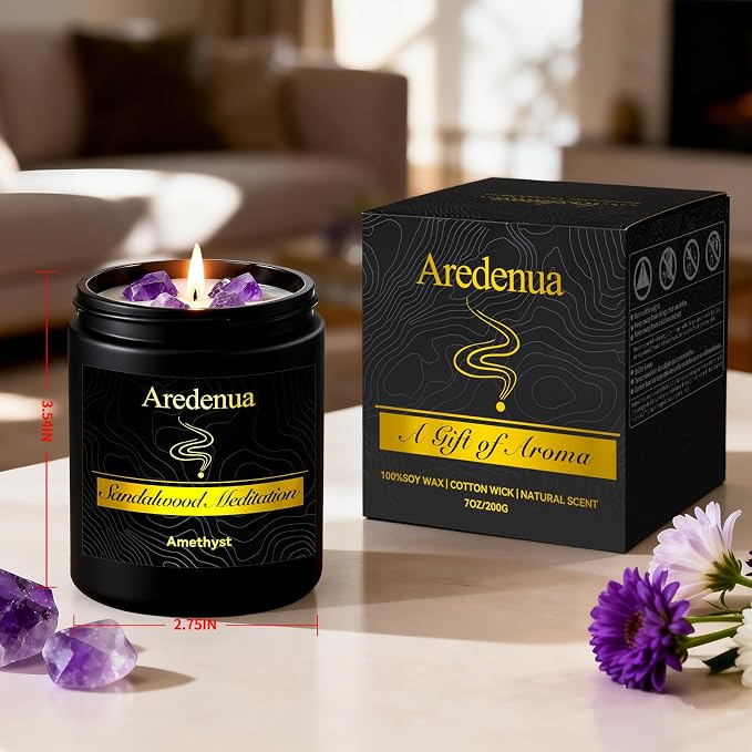 Candle for Meditation and Spiritual Practice - Sandalwood Aromatherapy Candle with Amethyst Healing Crystal, Natural Soy Wax Scented Candle for Yoga Mindfulness, 7oz Long Lasting, Zen Gift