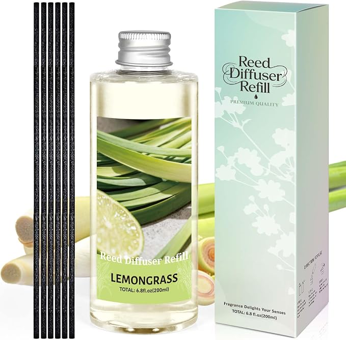 STRN Reed Diffuser Essential Oil Refill, Lemongrass Scent 200ml with Sticks, Long-Lasting Aromatherapy, Summer Fragrance Liquid with Eco-Friendly Bottle for Home, Bedroom, Spa