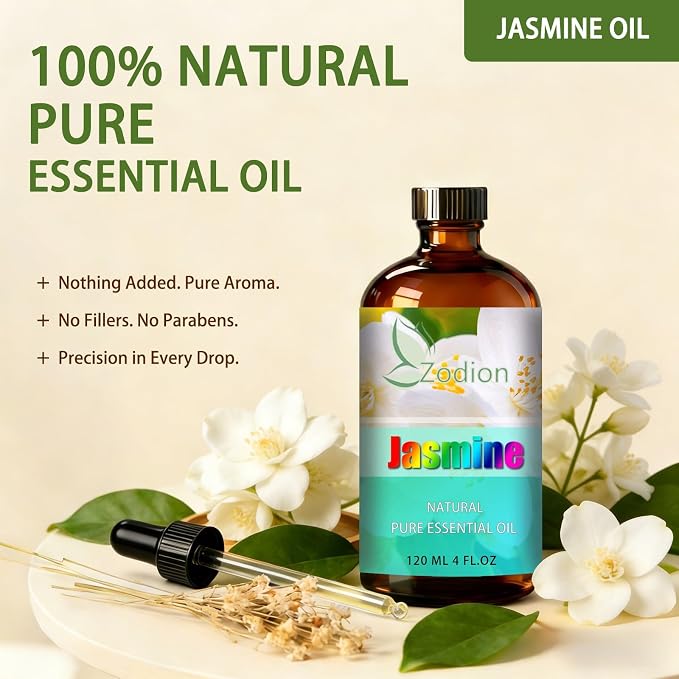 Jasmine Essential Oil - Jasmine Fragrance Oil for Diffuser, Massage, Humidifier, DIY Candle, Soap Making, Home, Bath, Yoga - 4 fl oz (120ml) - ZODION Jasmine Essential Oils