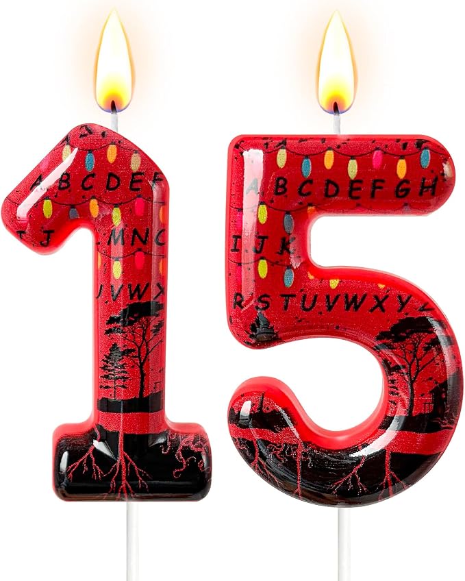 Red Number 15 Birthday Candle for Cake – Dark Horror Style with Alphabet Print & Shadow Design – Unique Cake Topper for Birthday, Anniversary, Themed Party Decoration