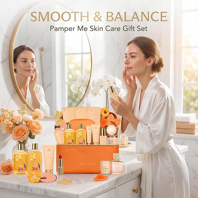 25 Pcs Mother's Day Gift, Bergamot & Rose Bath & Body Gift Set for Women, Hydrating Skin Care Kit, Pamper Self Care Gifts, Leather Bag, Necklace, Christmas, Birthday, Anniversary, Mom
