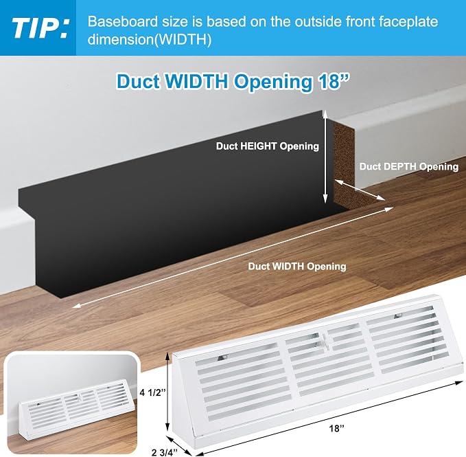 Yaocom 2 Pcs 18 Inch Baseboard Register Duct Opening Size Vent Covers for Home Floor Diffuser Wall Corner Baseboard Air Covers Floor Diffuser Including Screws Easy Installation(White,Stripes)