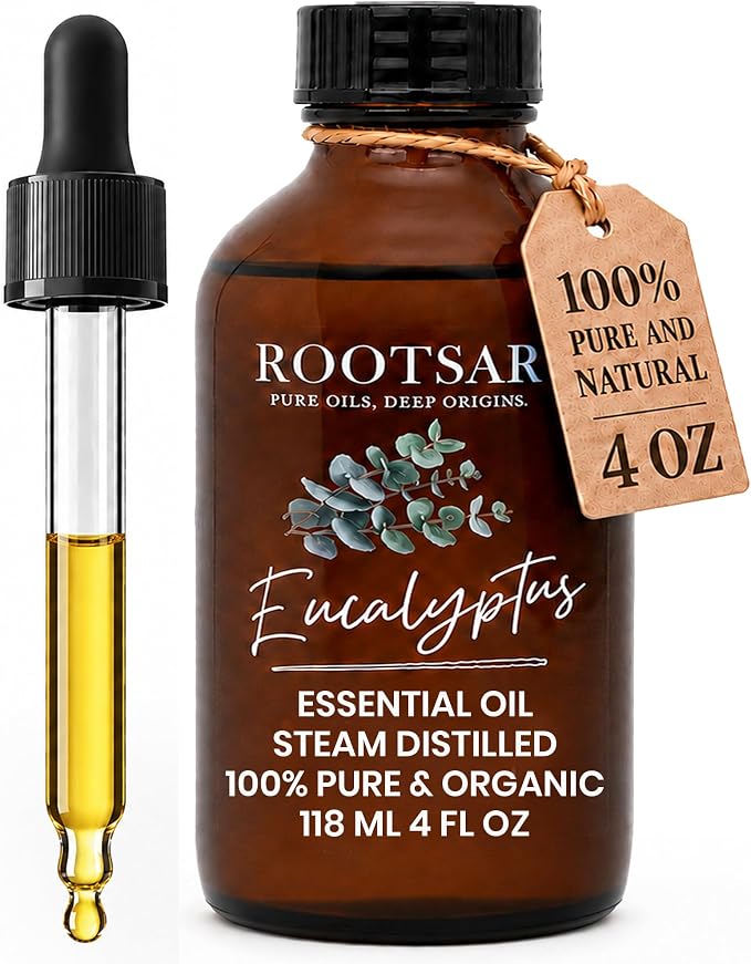 Eucalyptus Essential Oil – 100% Pure Organic Eucalyptus Oil, Steam Distilled, 4 FL OZ / 118 ML – Premium Essential Oil for Diffuser, Aromatherapy, Massage, Skin Care, Candle & Soap Making