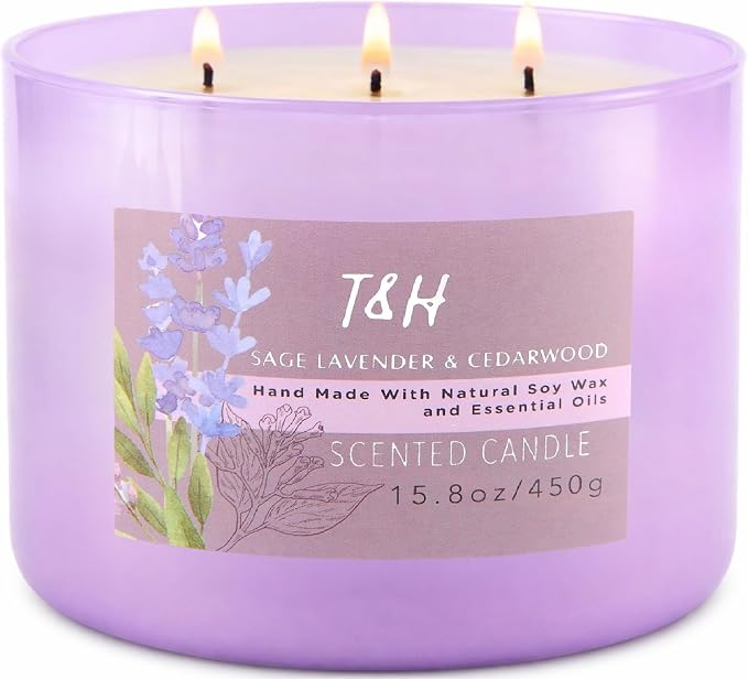 Sage Lavender Cedarwood 3-Wick Soy Candle, 15.8 oz Scented Candle for Home | Eucalyptus & Vanilla Notes, Aromatherapy Stress Relief, Highly Scented, Clean Burn, Bedroom & Bath, Gift for Women & Men