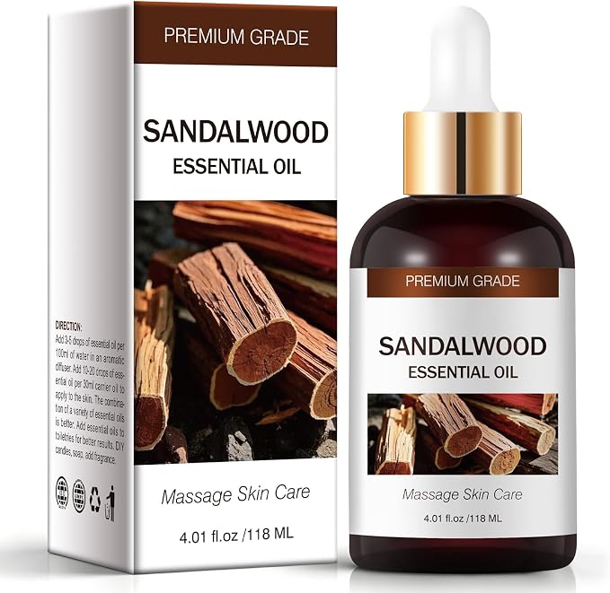 Sandalwood Essential Oils for Skin Care, Hair Care, 100% Natural Aromatherapy Oil 4 Fl Oz, Large Volume Sandalwood Oil for Aromatherapy Diffuser, DIY Fragrance and Relaxation