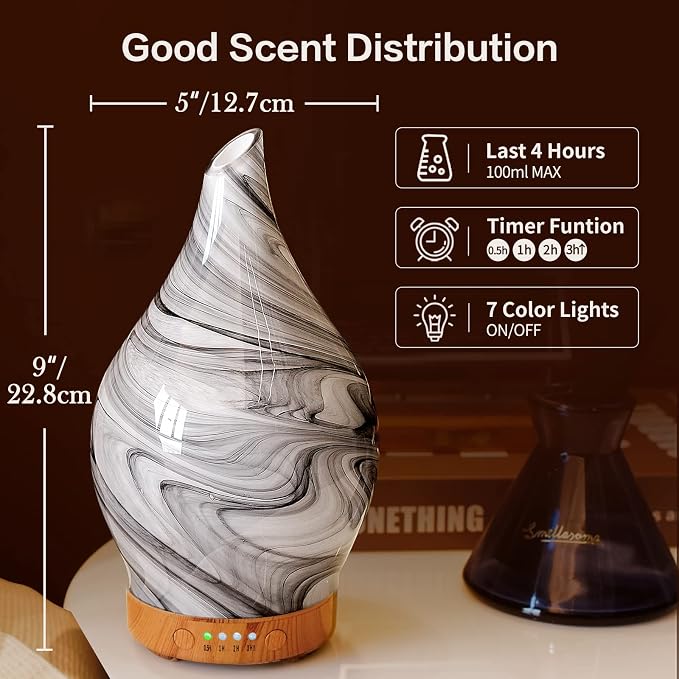 Porseme 150ml Essential Oil Diffuser Hand-Blown Glass Aroma Diffusor, Aromatherapy Unltrasonic Cool Mist deffuser, 7 Color Changing, Waterless Shut-Off, Timer Function for Home Office(Ink)