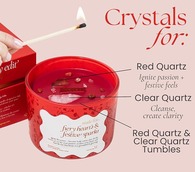 Red Crystal Candle for Women – 12oz Large Luxury Soy Wax with Crackling Wood Wick, Slow Burn Meditation with Healing Crystals, Birthday or Mother’s Day Gift