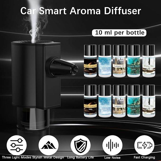 Car Air Freshener Diffuser, Smart Car Air Freshener with 3 Spray Modes, Auto On/Off, Rechargeable Aromatizante para Carro with 10pcs Essential Oil, 5 Scents, Long-Lasting, 2Pack