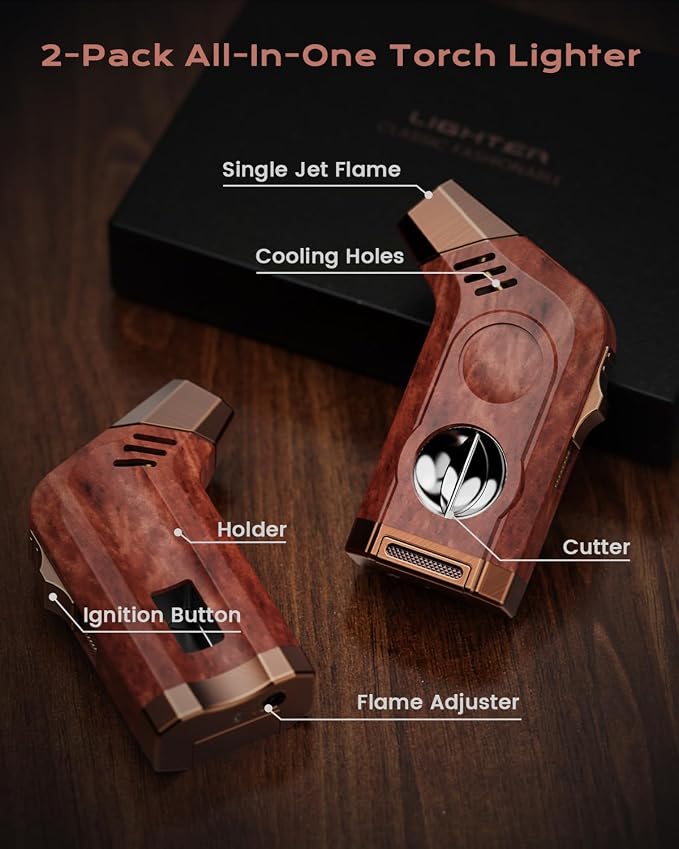 2-Pack Torch Lighter with Windproof Jet Flame, Holder, Built-in Cutter, All-in-one Lighter Accessories, Lighters for Men with Gift Box, Refillable Butane Lighter for Candle, Outdoors