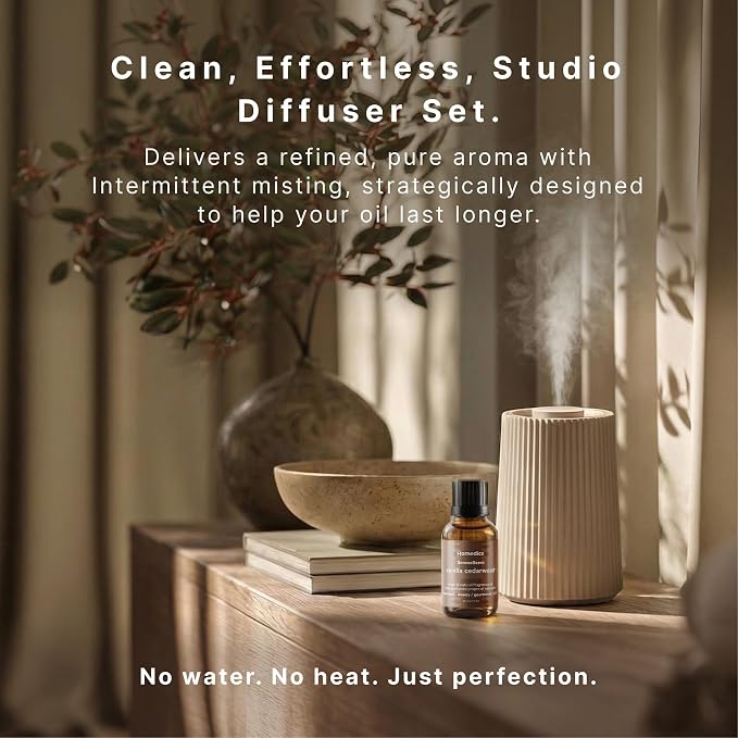 Homedics Waterless Essential Oil Diffuser with 15ml Vanilla Cedarwood Fragrance Oil. SereneScent Cordless Cold Air Scent Diffuser Starter Kit with Ambient Light, Studio 671 (Beige)